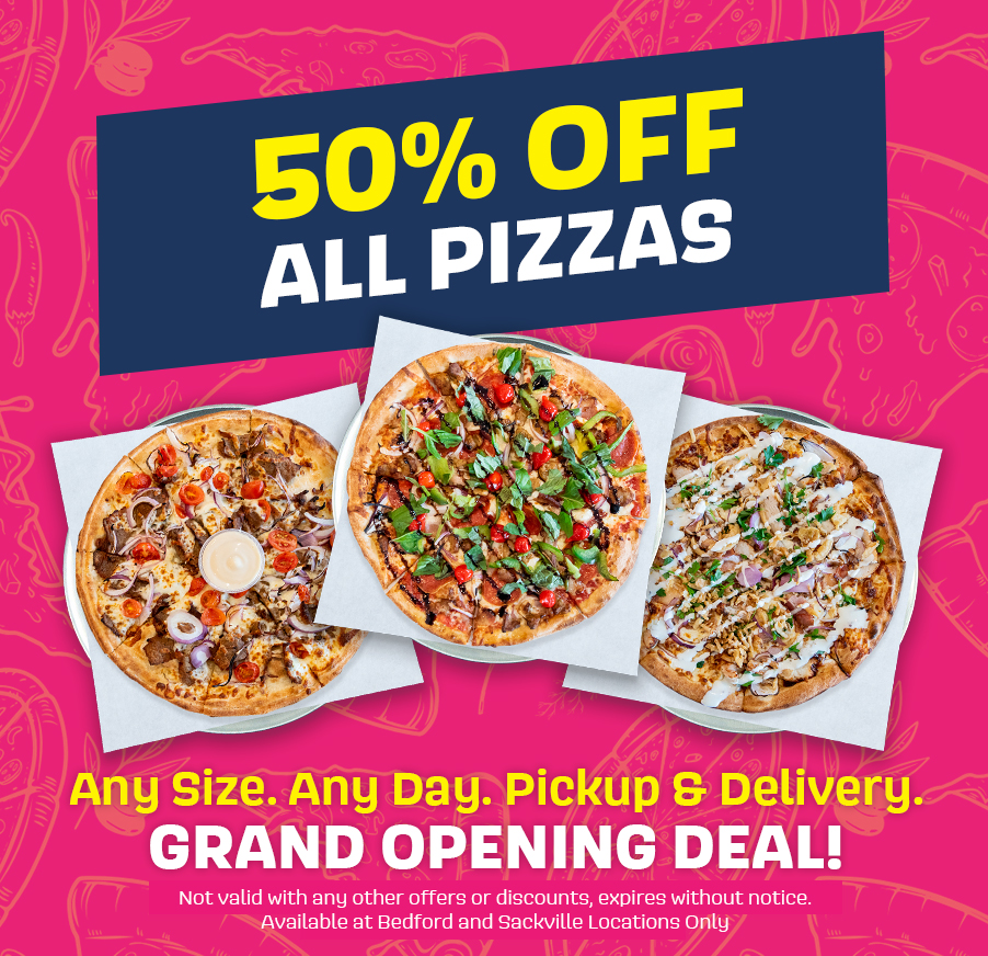 Pizza Town Bedford Location Only 50% off all pizzas limited time.